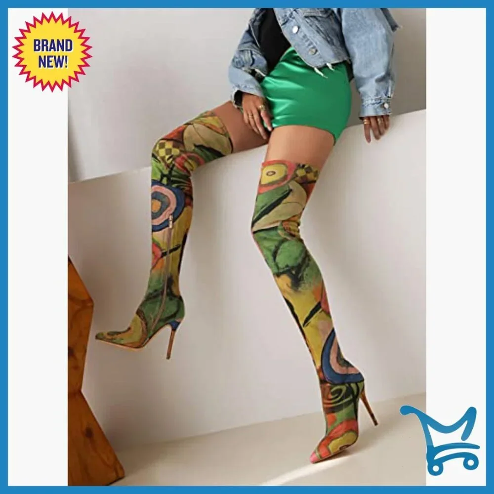 Thigh High Boots Denim Pointy Toe Stiletto Heel Over The Knee Boots